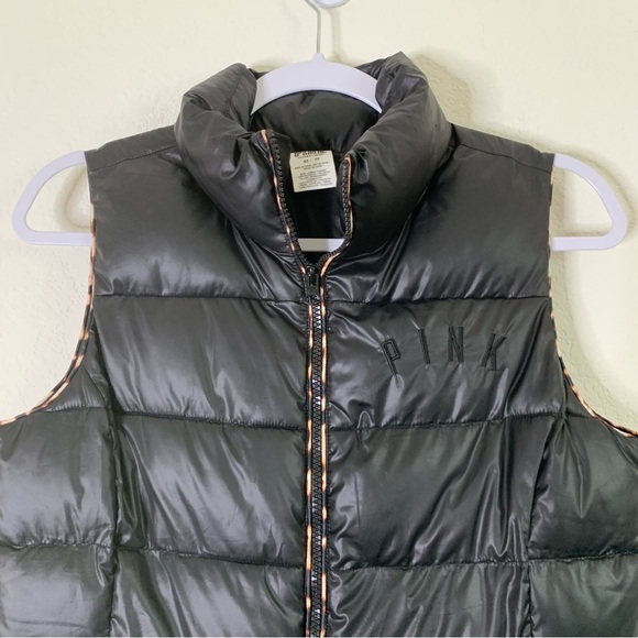 VS Pink Black Animal print trim full zip puffer vest XS - Picture 3 of 6